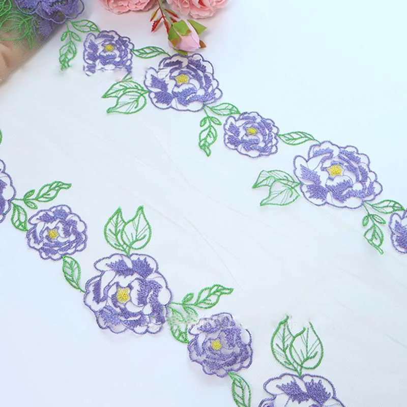 

16Yards Embroidery Purple Peony Net Lace Trim Embroidery Encaje Lace Encajes Bordados for Bra Lingerie Fabric