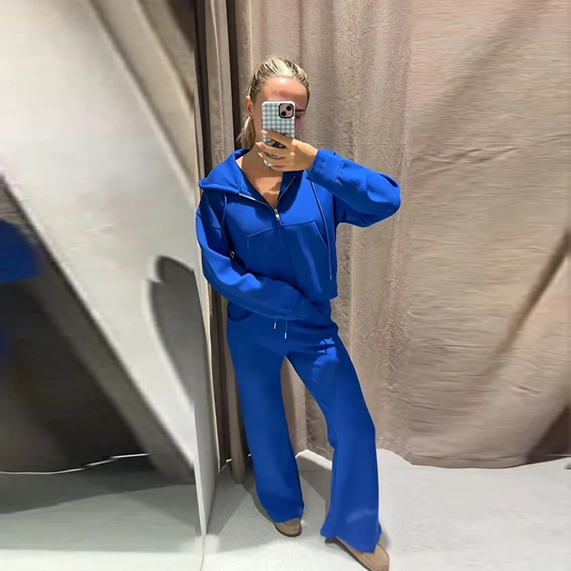 Damen-Hosen-Sets mit Kapuze, Langarm-Reißverschluss, Oversize-Mäntel, Kordelzug-Taille, Schlaghosen, Frühling-Herbst, schicke neue Outfits für Damen – Detail 10