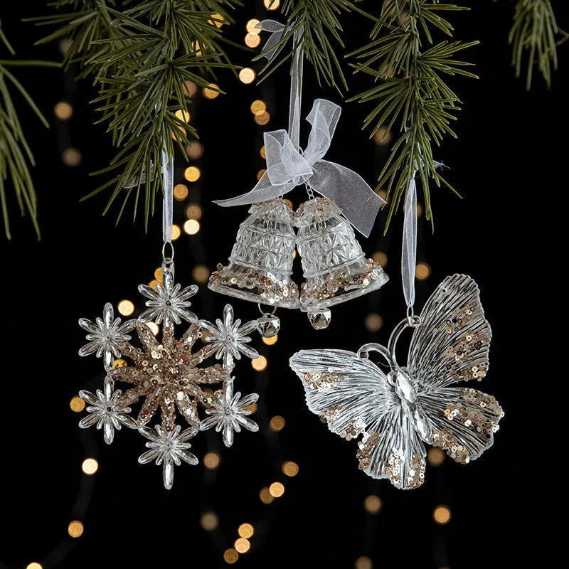 Christmas decorations Christmas tree sequins glitter transparent acrylic snowflake bell pendant DiY holiday arrangement