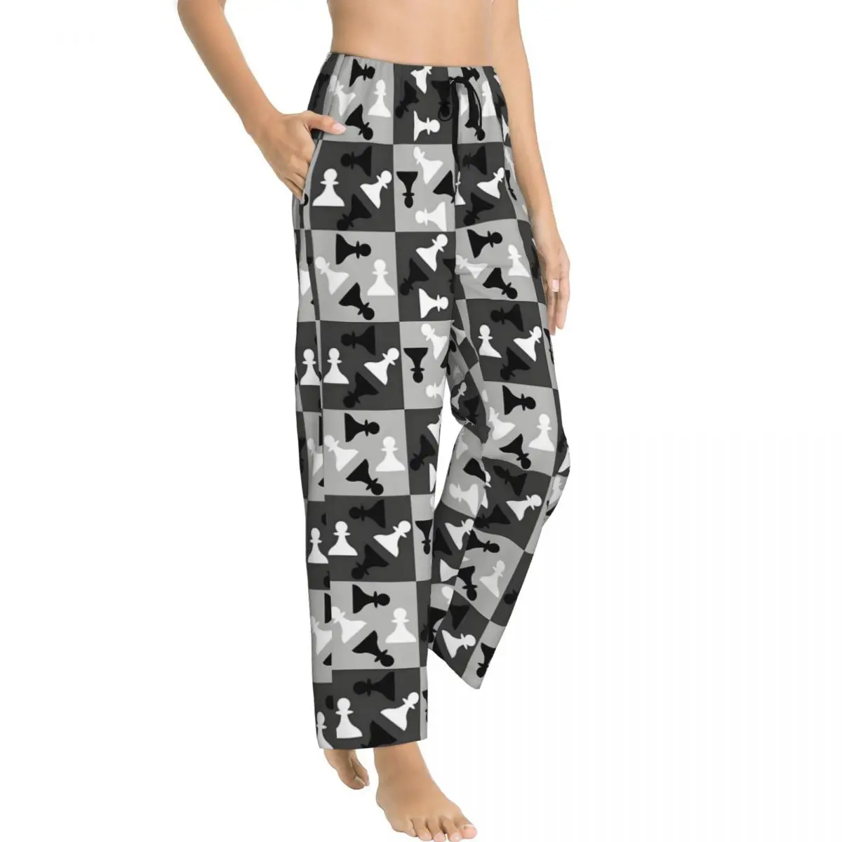 Custom Print Dames Schaakbord Pyjamabroek Schaakspel Nachtkleding Slaap Lounge Bodems met Zakken