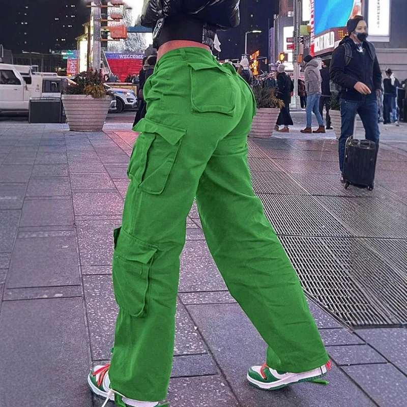 Nueva ropa de mujer de comercio exterior europea y americana estilo callejero Hip-hop cintura baja herramientas multibolsillos pantalones casuales largos