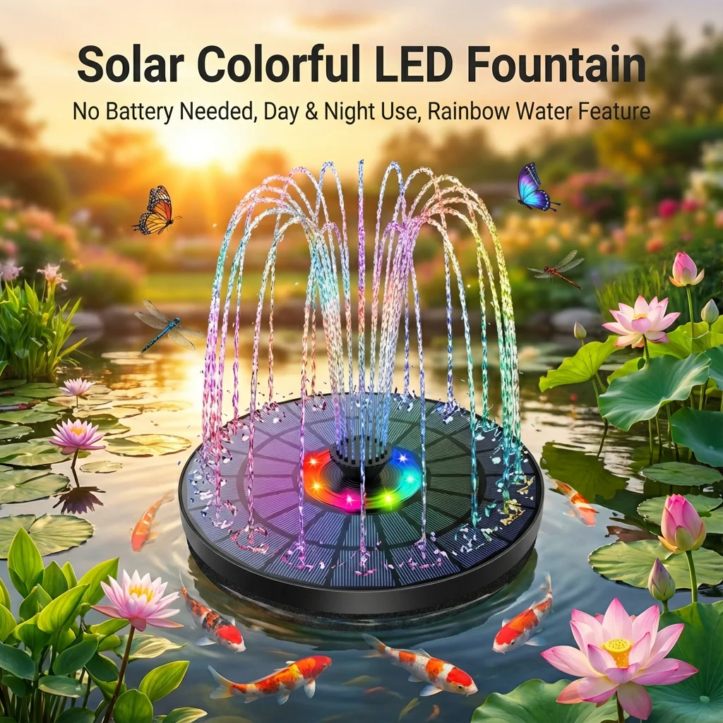 Fontaine solaire 5,5 W avec lumières colorées LED, pompe de fontaine d'eau solaire 2000 mAh pour bain d'oiseaux, jardin, étang, aquarium et extérieur