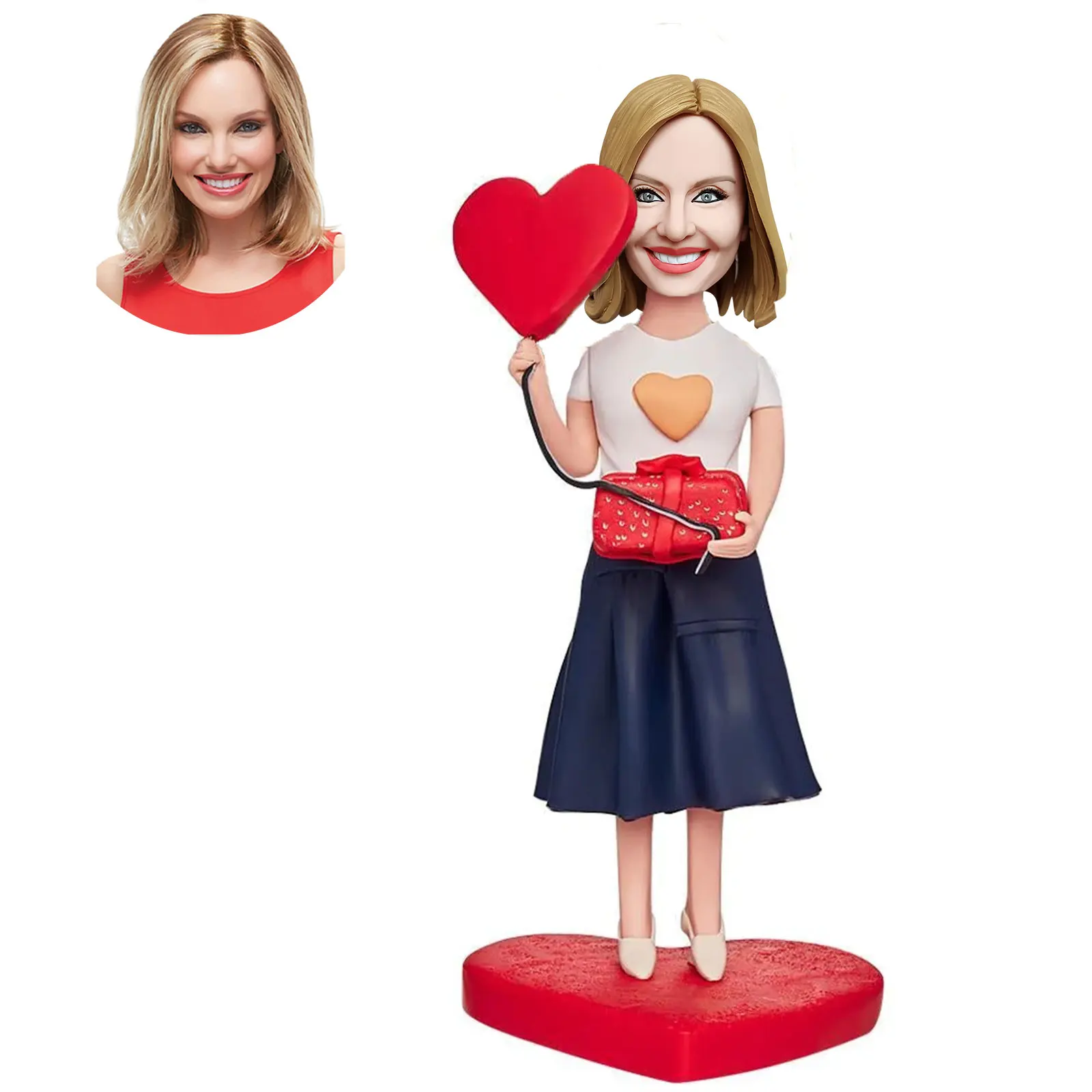 

Home Decor Personalized Custom Bobblehead Figurines of Beautiful Girl Holding a Gift Box and a Love Heart Customized Design