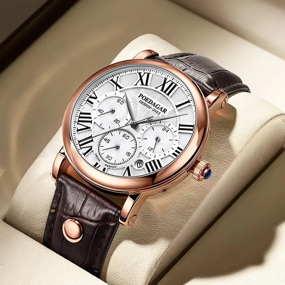 Мужские кварцевые часы с хронографом, на кожаном ремешке Мужские кварцевые часы с хронографом, на кожаном ремешке