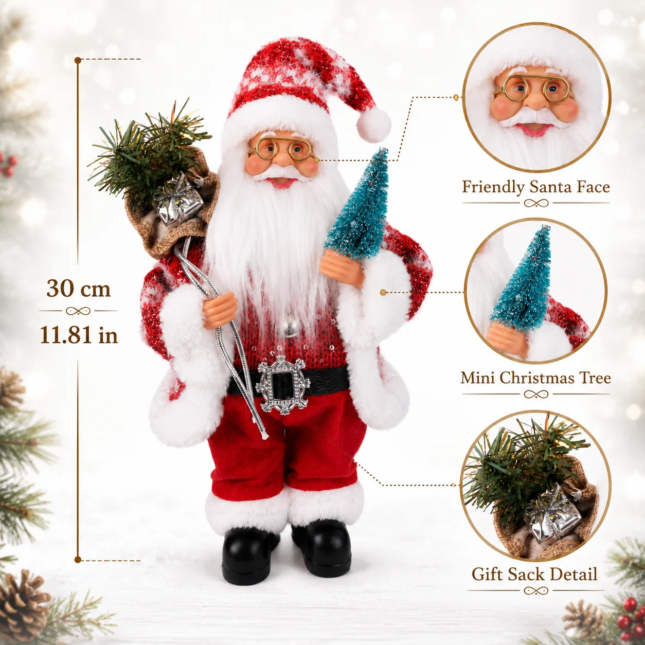 30cm Santa Claus Christmas Figurine with Mini Tree & Gift Sack Holiday Home Decor Ornament