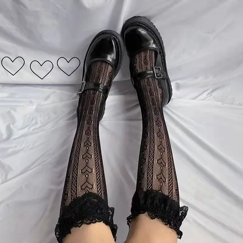 Chaussettes hautes en dentelle rayée Lolita pour femmes, chaussettes mignonnes pour filles douces, style collège japonais, bas animés de femme de chambre sexy ultra-fins, amour, 2022