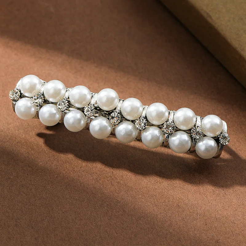 New double-row white pearl zircon spring hairpin vintage exquisite horizontal clip elegant women fashion hair accessories