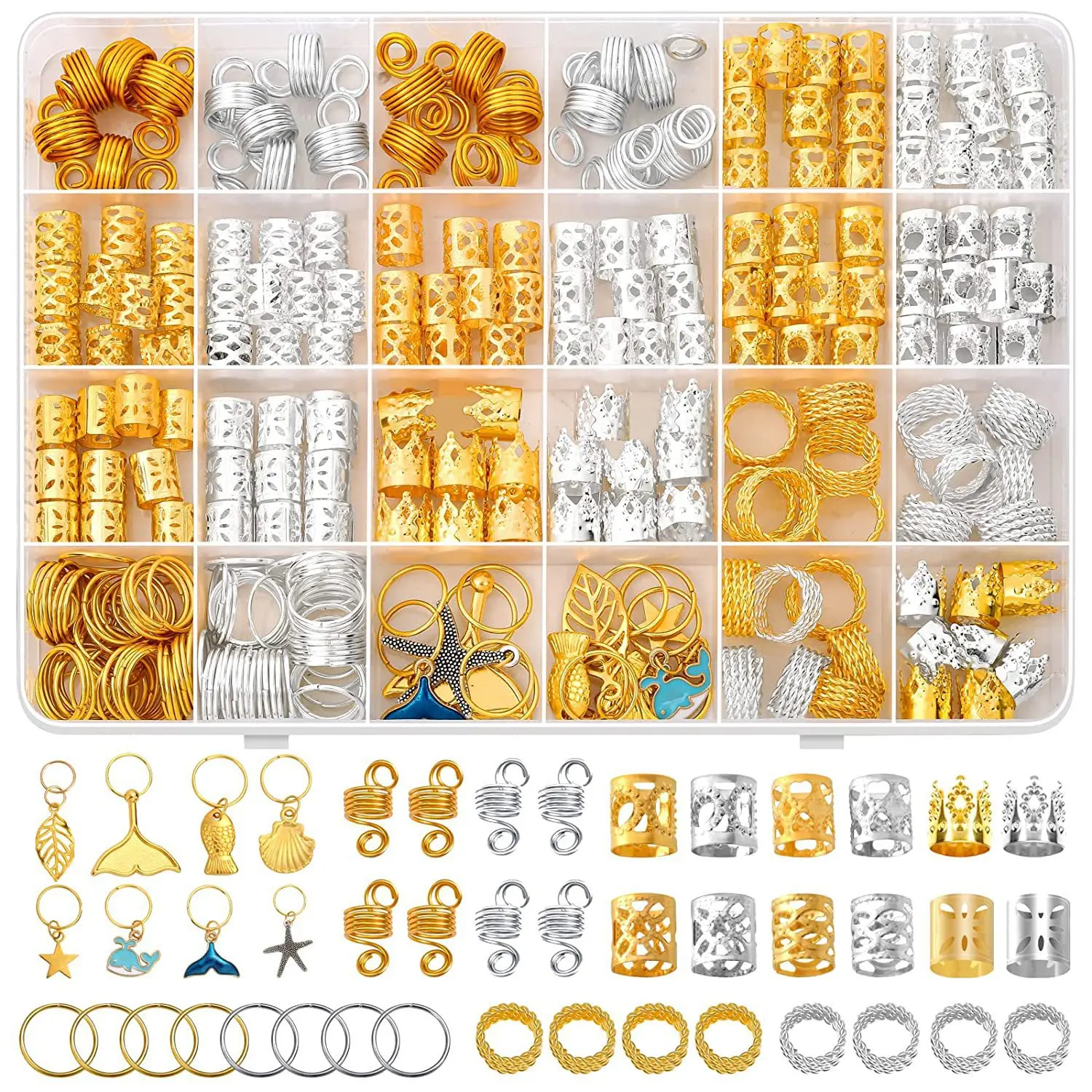 292PCS DIY Hair Rings Hair Ropes Wig Dreadlock Accessories Hollow-out Sun-shaped Hair Extension Rings Boxed Hair Ornaments