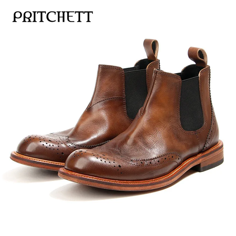 

Brogue Cut Vintage Chelsea Boots Genuine Leather Hand-Brushed Color Slip-On Elastic Short Boots Personality Formal Men's Boots