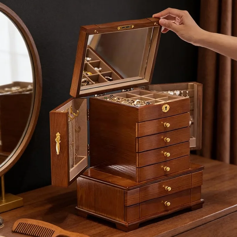 Wooden Jewelry Storage Box with Lock Large Capacity Necklace Boxes Multi-layer Earring Case Women's Rings Organizer Container