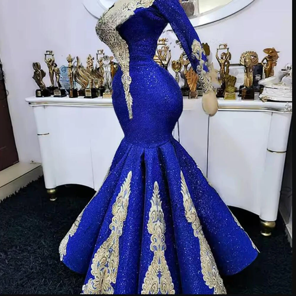 African Aso Ebi Royal Mermaid Prom Dresses With Sequins Lace Appliques Long Formal Evening Party Gown Court Train Robe De Soiree