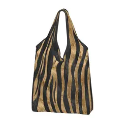 Tiger Faux Fur Texture Black Abalone And Gold Grocery Tote Shopping Bag Custom Animal Texture Shopper Shoulder Bags Big Handbag