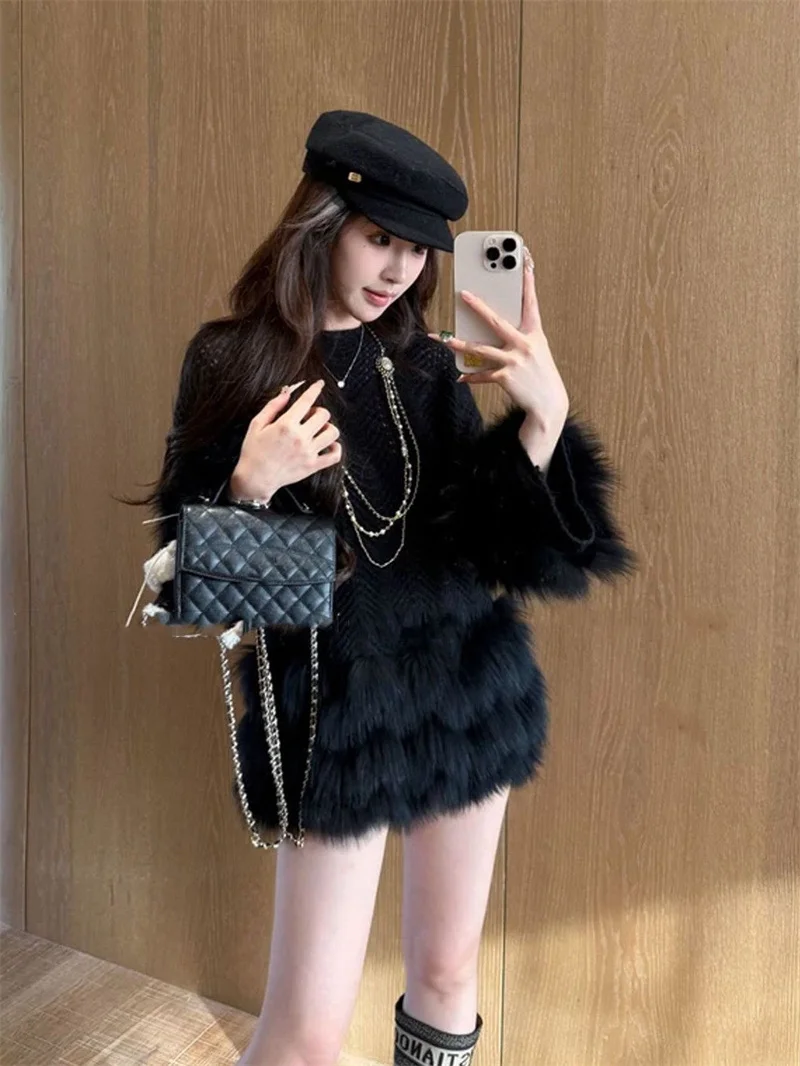 Women's Sweater New Gentle Wind Mao Mao Stitching Soft Waxy Pullover Sweater Women's Autumn and Winter new Loose High Sense