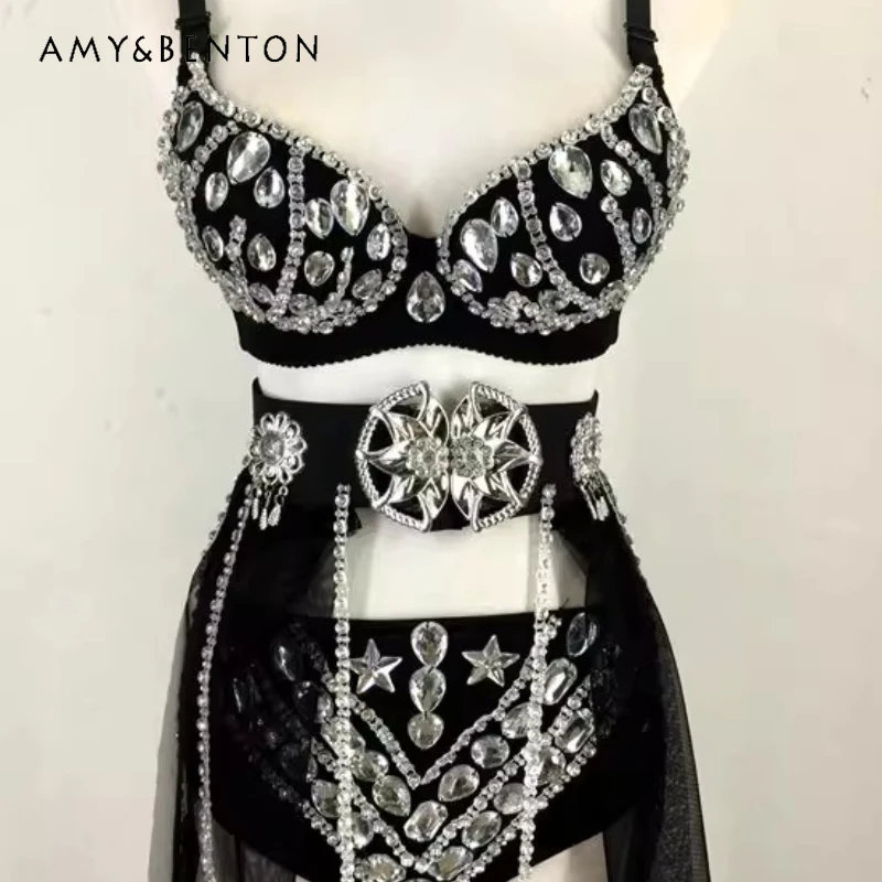 

2025 Summer New European American Sexy Pure Handmade DIY Sewn Women's Top Original Rhinestone Sweet Cool 3-piece Sets Ladies