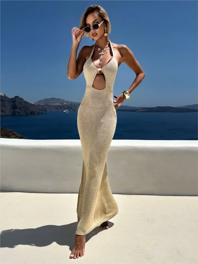 Robe de plage longue en tricot pour femmes, Sexy, ajourée, décolleté en v profond, sans manches, Cover-Up pour Bikini, dos nu, robe de vacances, automne, 2026