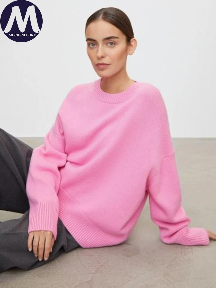 

Женский элегантный вязаный свитер с круглым вырезом, теплый повседневный свободный пуловер, модный утепленный топ на осень-зиму