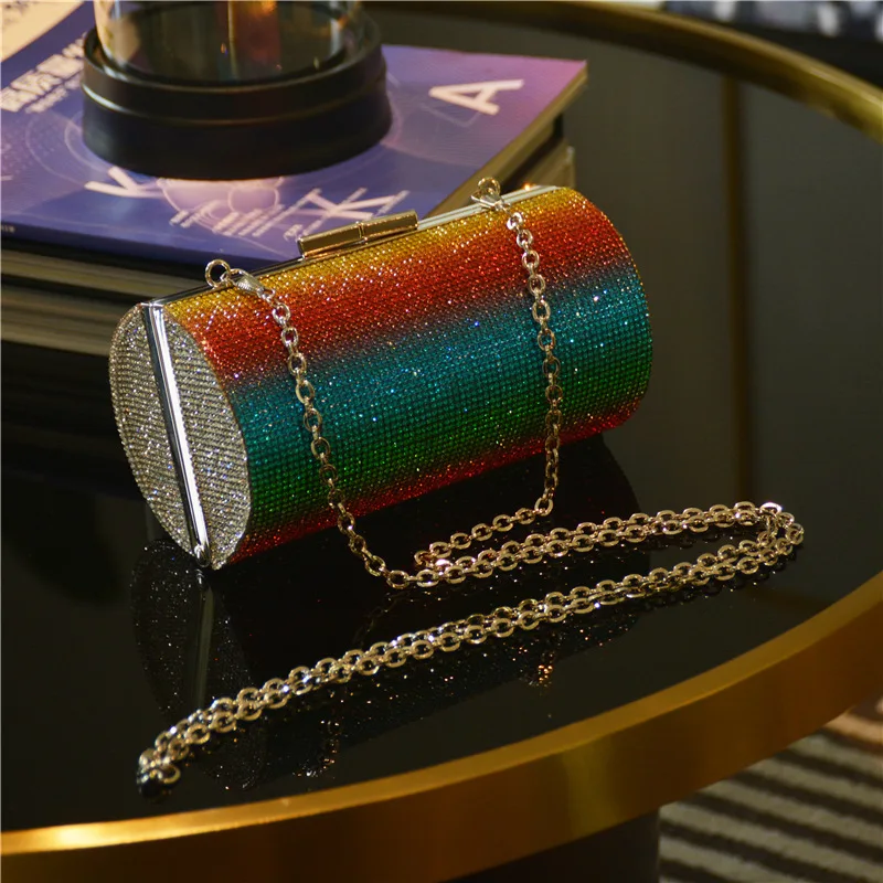 Rainbow Rhinestone Purse Evening Bags for Women Luxury Party Handbag for Wedding Clutch Bag Diamond Cylinder Shoulder Bag