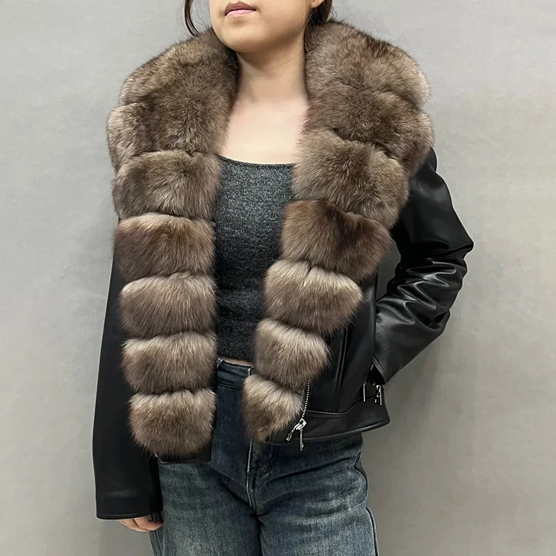 Lady Fashion Big Fox Fur Collar Leather Jacket Silver Fox Furry Autumn Spring Winter Fluffy Luxurious Sheepskin Jackets Women