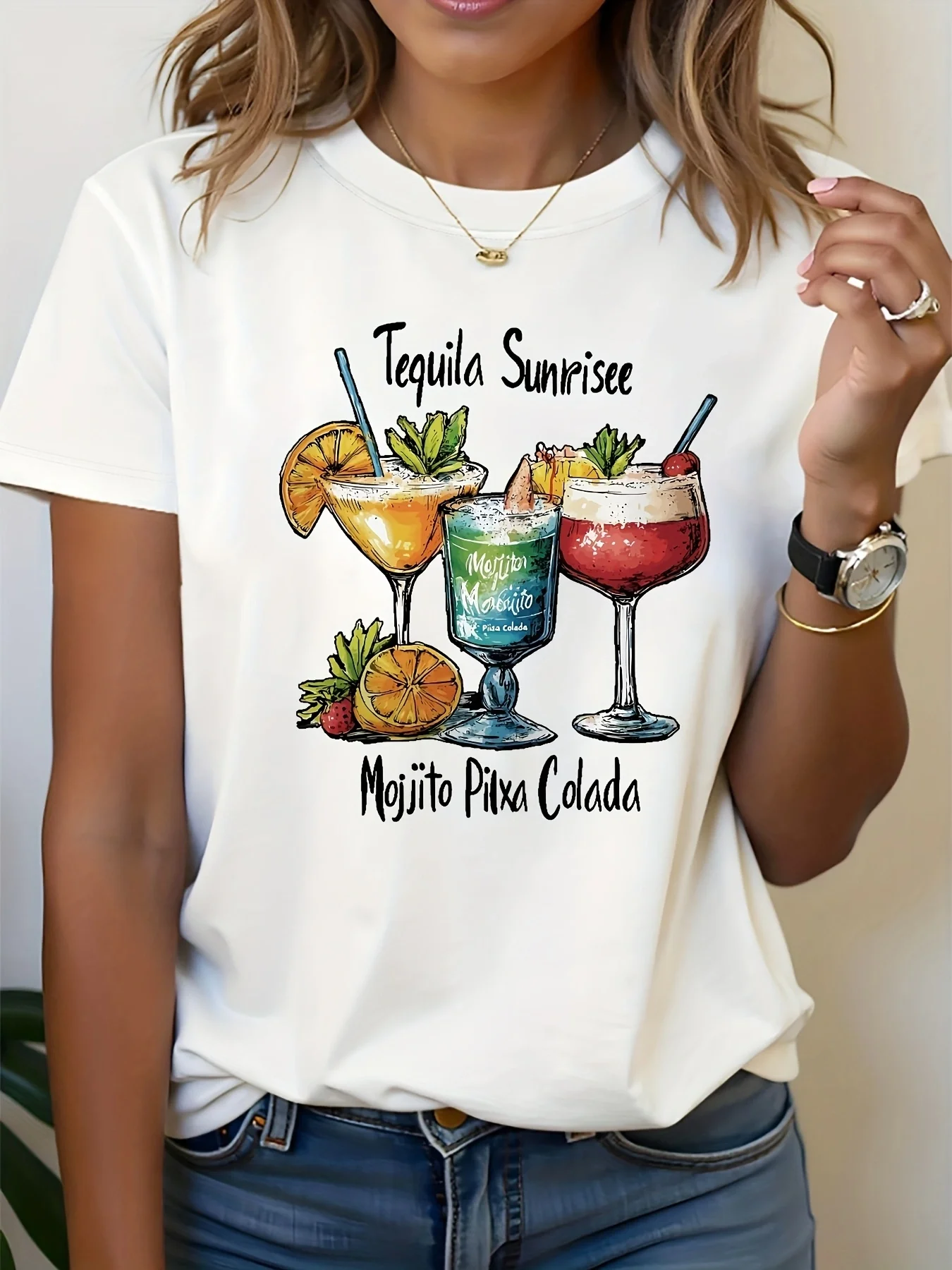 Camiseta de manga corta para mujer Tequila Sunrise Mojito Piña Colada con estampado de letras en español, Top informal con cuello redondo para verano y primavera