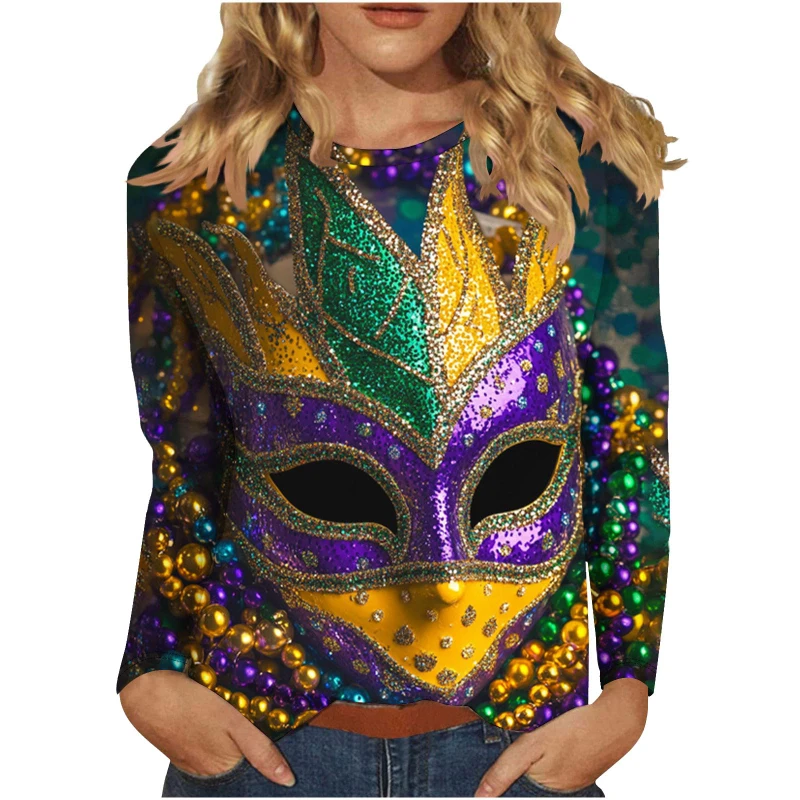 New Mardi Gras Women Men Long Sleeve T Shirt 3d Printed Mask Graphic T-shirt Carnival Spring Casual Outdoor Vacation Streetwear