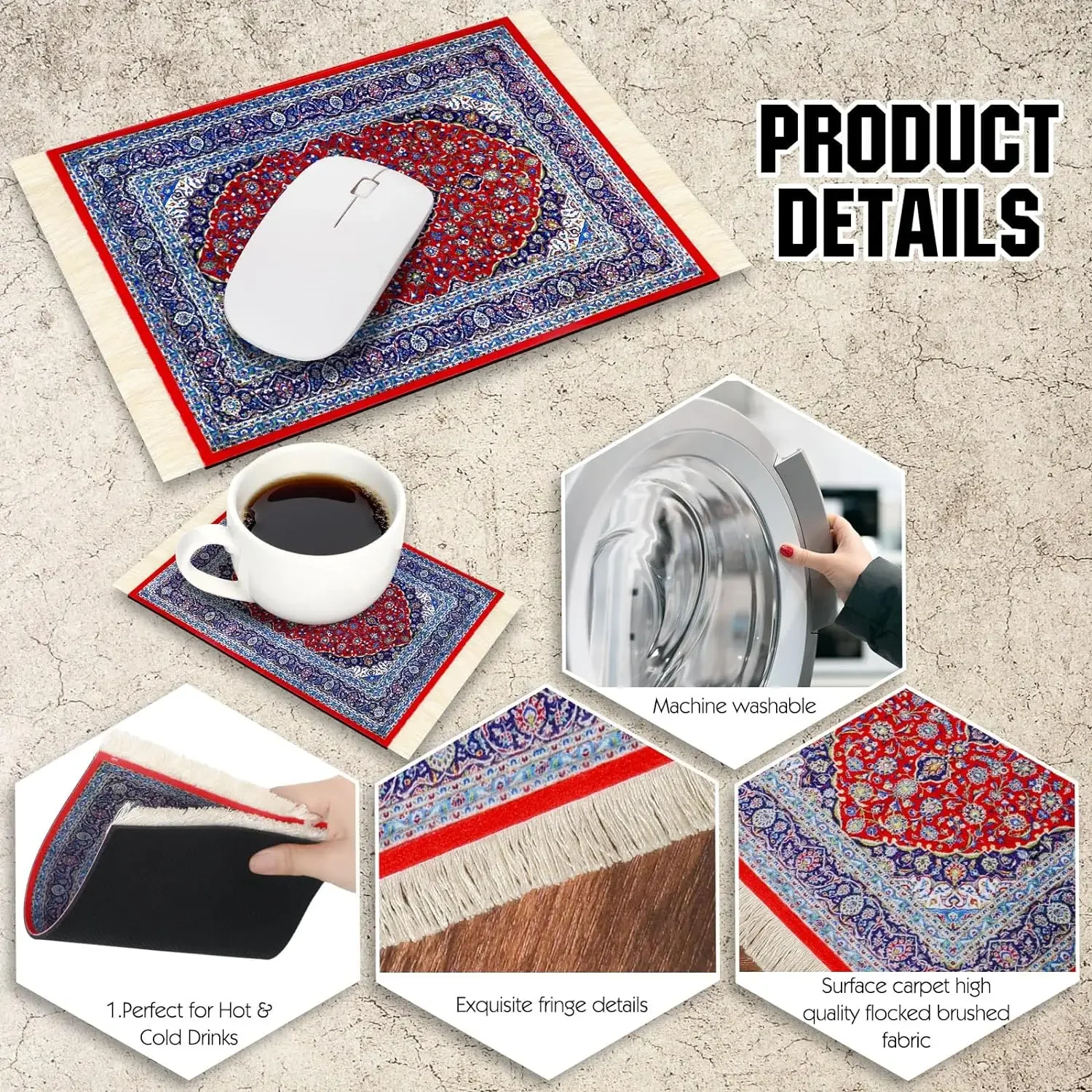 PC Mouse Pad Persian Mini Woven Rug Mat Mousepad Retro Style Carpet Pattern Cup laptop with Home Office Table Decor Craft table