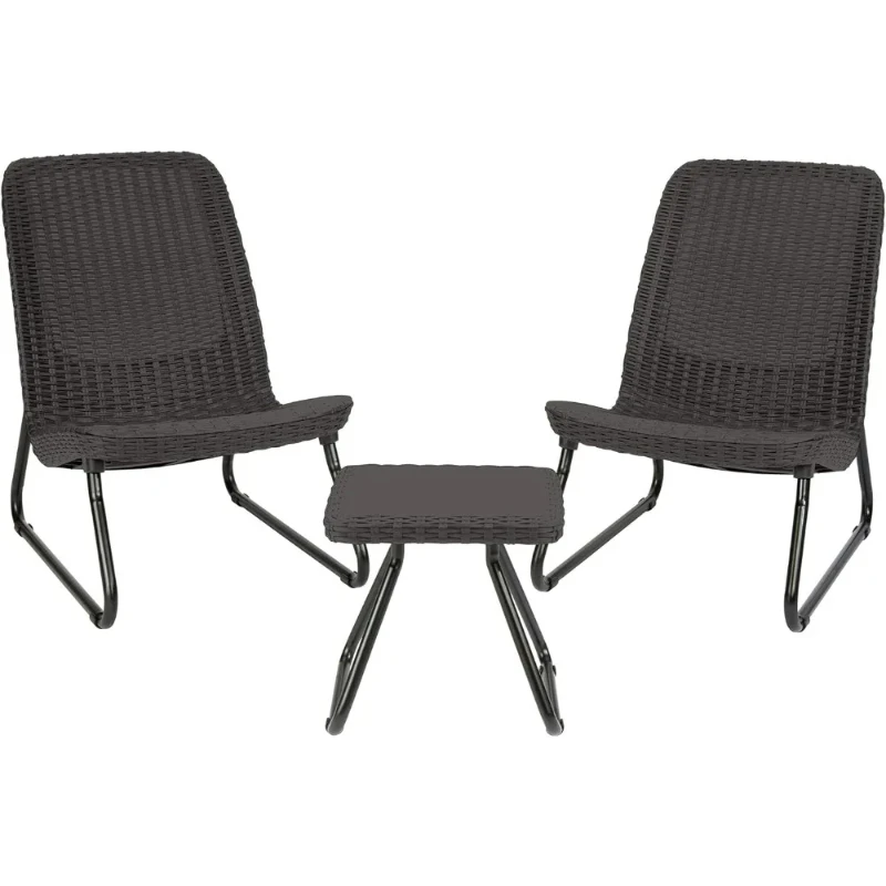 3 Piece Resin Wicker Patio Furniture Set with Side Table and Outdoor Chairs, Dark Grey