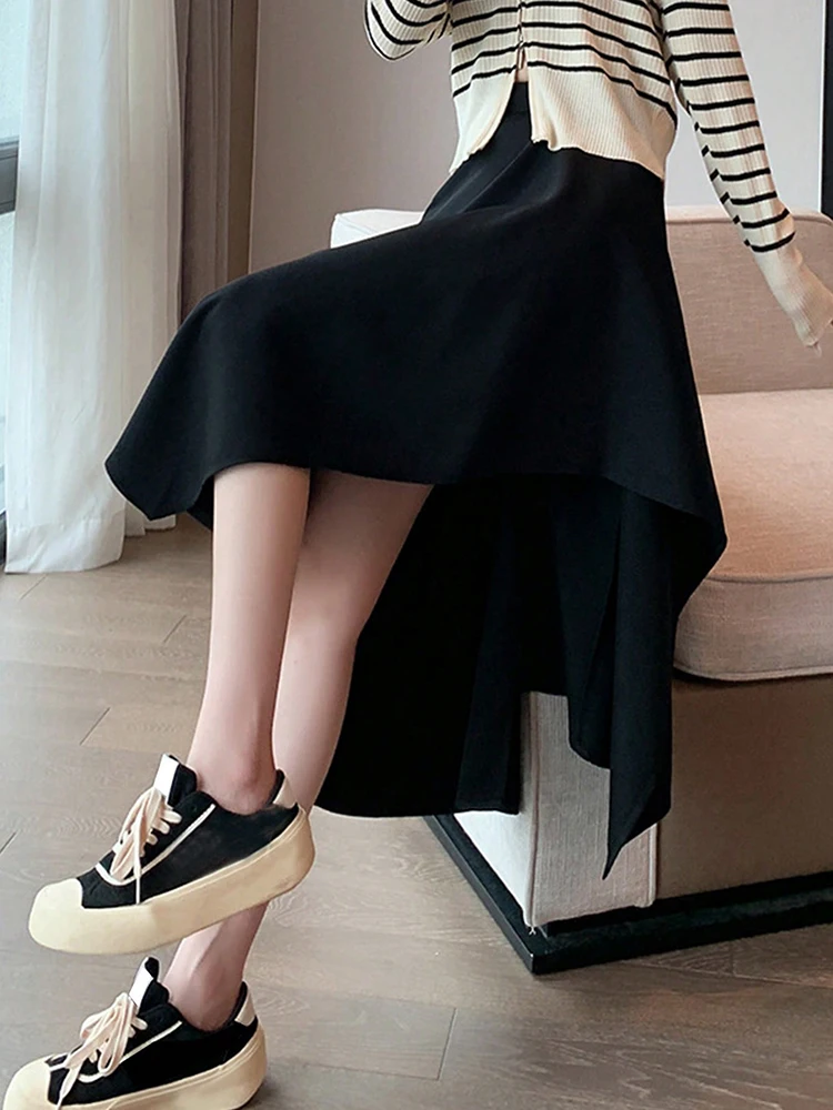 أنيق الصلبة الأسود غير النظامية التنانير للنساء Preppy المدرسة نمط عالية الخصر ألف خط تنورة طويلة ملابس امرأة التنانير النسائية