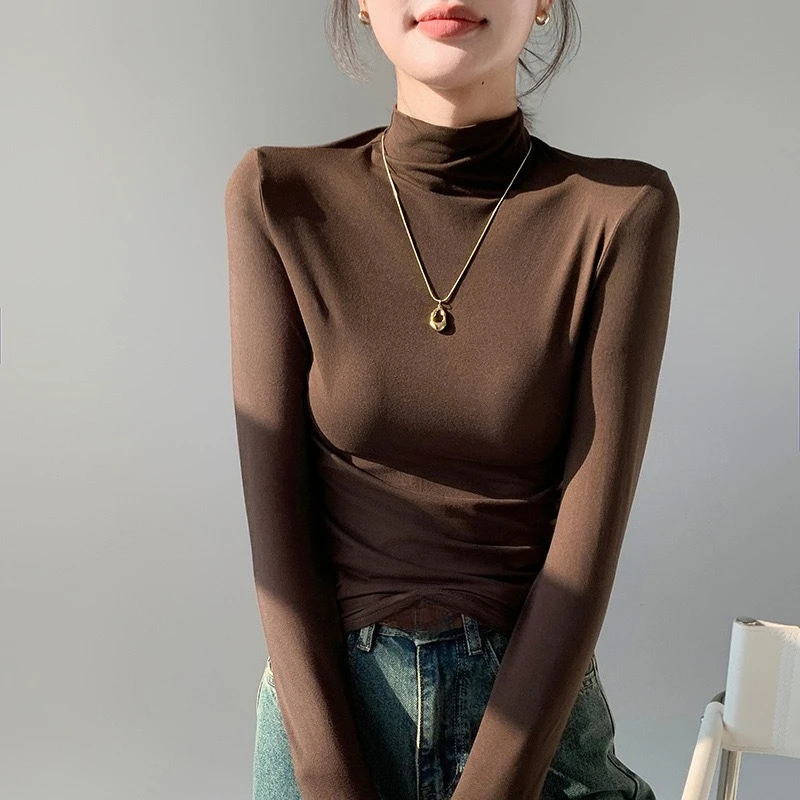 Modischer Herbst-Winter Damen Rollkragenpullover aus Fleece, Dehnbares Langarm-T-Shirt, Warmer Basis-Pullover, Unterzieh-Oberteil – Detail 5