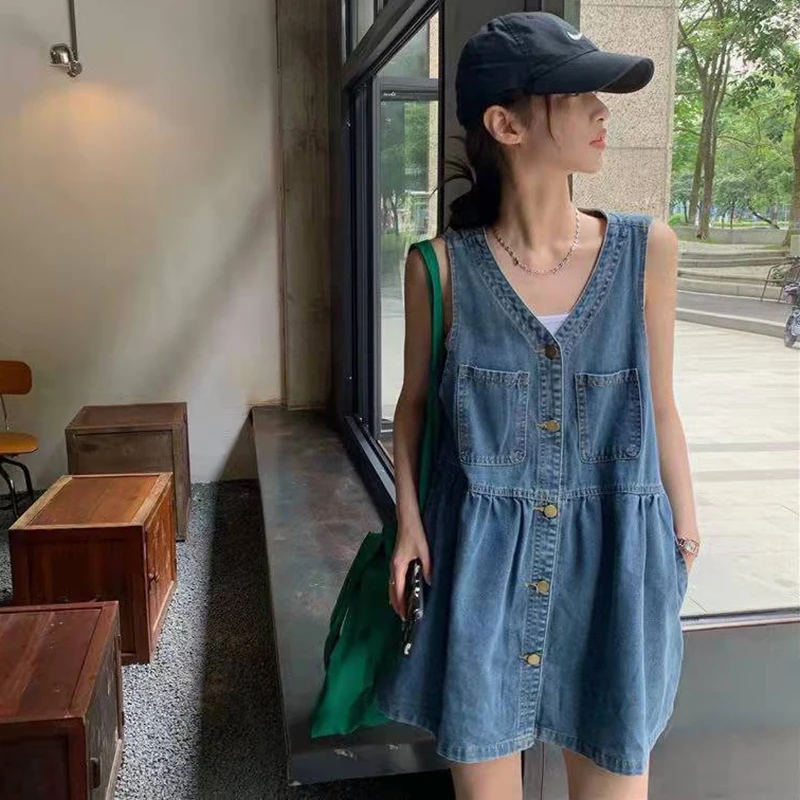 2025 New Sleeveless Denim Dress Women Korrean Fashion Single-Breasted A Line Mini Dresses Woman Wild Pockets V Neck Girls' Dress