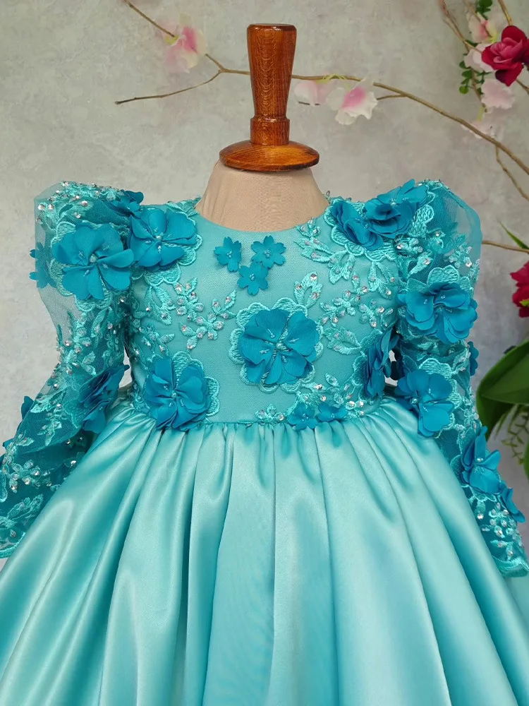 2025Girls' Princess Dress Long Sleeve Toddler Puff Dress Cross-border Applique Beaded Formal Dress Children's Performance Costum