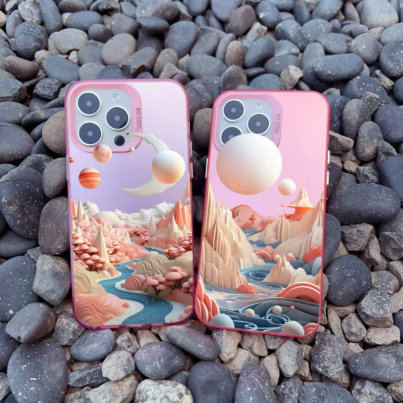 Landscape River Mountains Art Pink Phone Case For IPhone 11 12 13 Mini Pro Max 14 15 16 Pro Max 15 Plus Shockproof Laser Covers