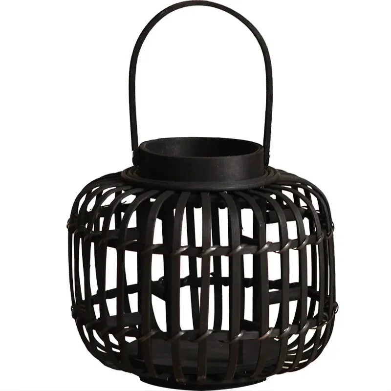 Bamboo portable wind lantern Home desktop romantic atmosphere light Cafe restaurant decoration candlestick Quaint style lantern