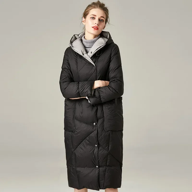 Women Mid-length Puffer Jacket Hoodies Winter Hooded Thickened Coats Fashionable White Duck Down Loose Cocoon-shaped Blue Parkas