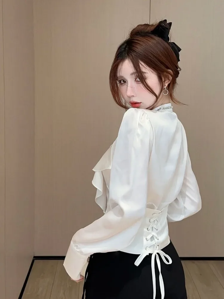 Ezgaga Shirts Women Ruffles Patchwork Autumn Fashion Long Sleeve chic Hollow Out Bandage Blouse Female Elegant Sexy Tops