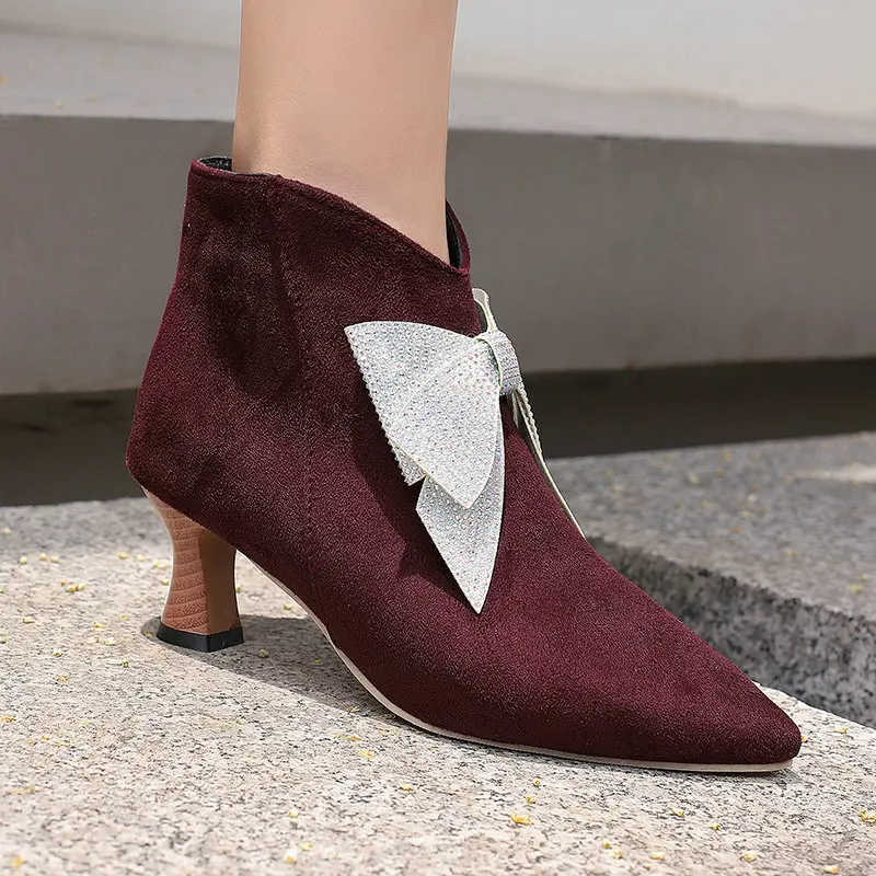 Womens Pointed Toe Ankle Boots Kitten Heels Side Zipper Colored Diamond Bow Faux Suede Booties Wedding Dress Shoes Size 34-50