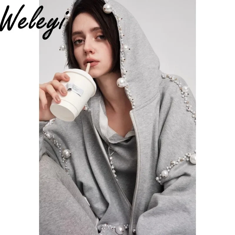 Chic Beaded Pearl Gray Hooded Coat Female Autumn Clothes 2024 Fall New American High-end Women's Long Sleeve Sweatshirt Jacket