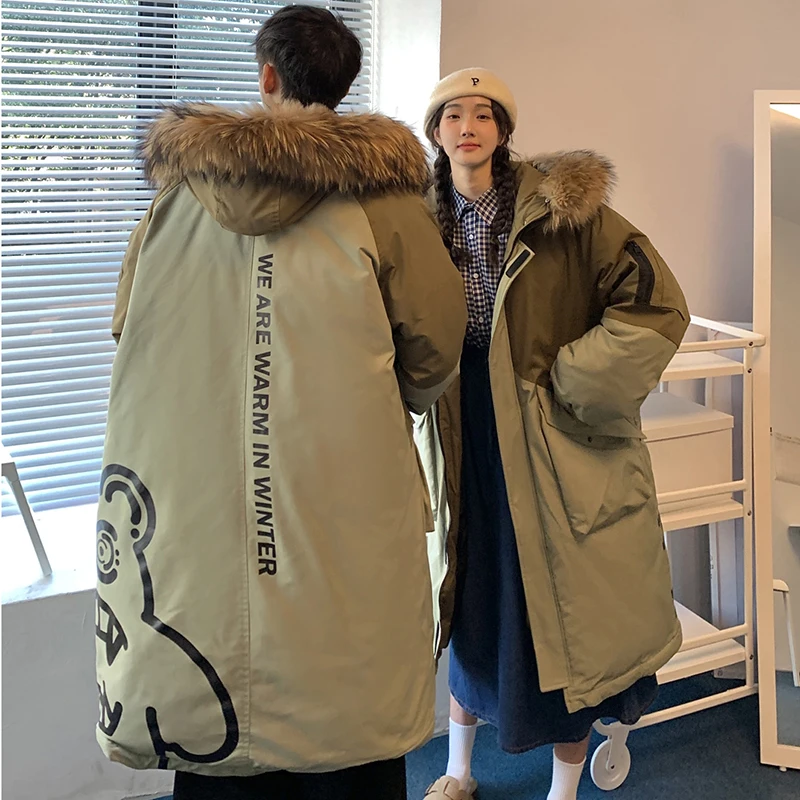 Winter Hooded Letter printing Big Raccoon Fur Collar Down Jackets Men / Women Overcoat Splicing design Thick Outdoor Snow Coat