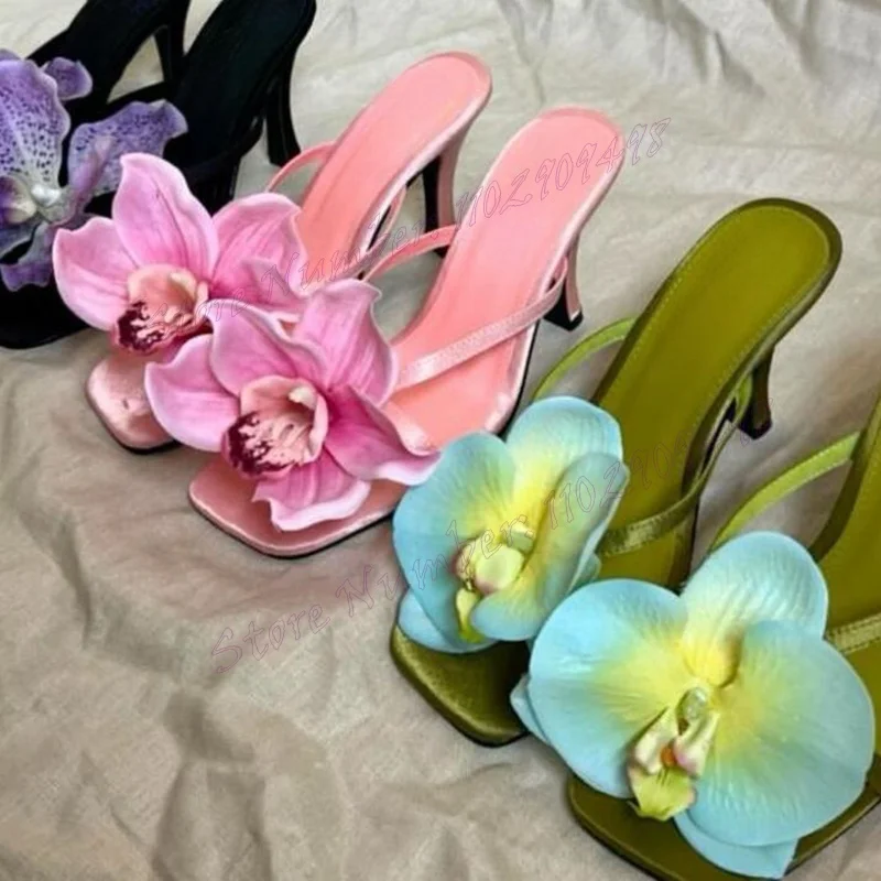 Pantoufles Carrées Noires à Motif Floral pour Femme, Chaussures d'Été Élégantes à Talons Hauts, Châssis Stiletté, 2024