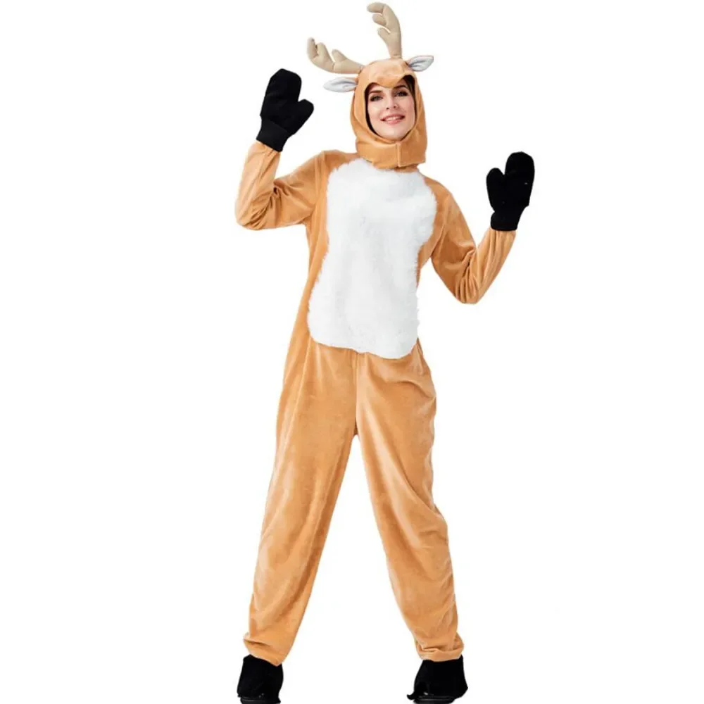 4Pcs Set Adult Women Christmas Outfit Flannel Reindeer Elk Jumpsuit cosplay Xmas Eve Dinner Home Costume Party Clothes