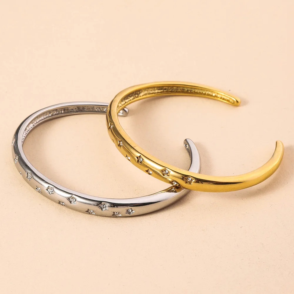 

New Korean Style Fashion Pentagram Sparkling Zircon Open Stainless Steel Bracelet,Women's Exquisite Hand Accessories
