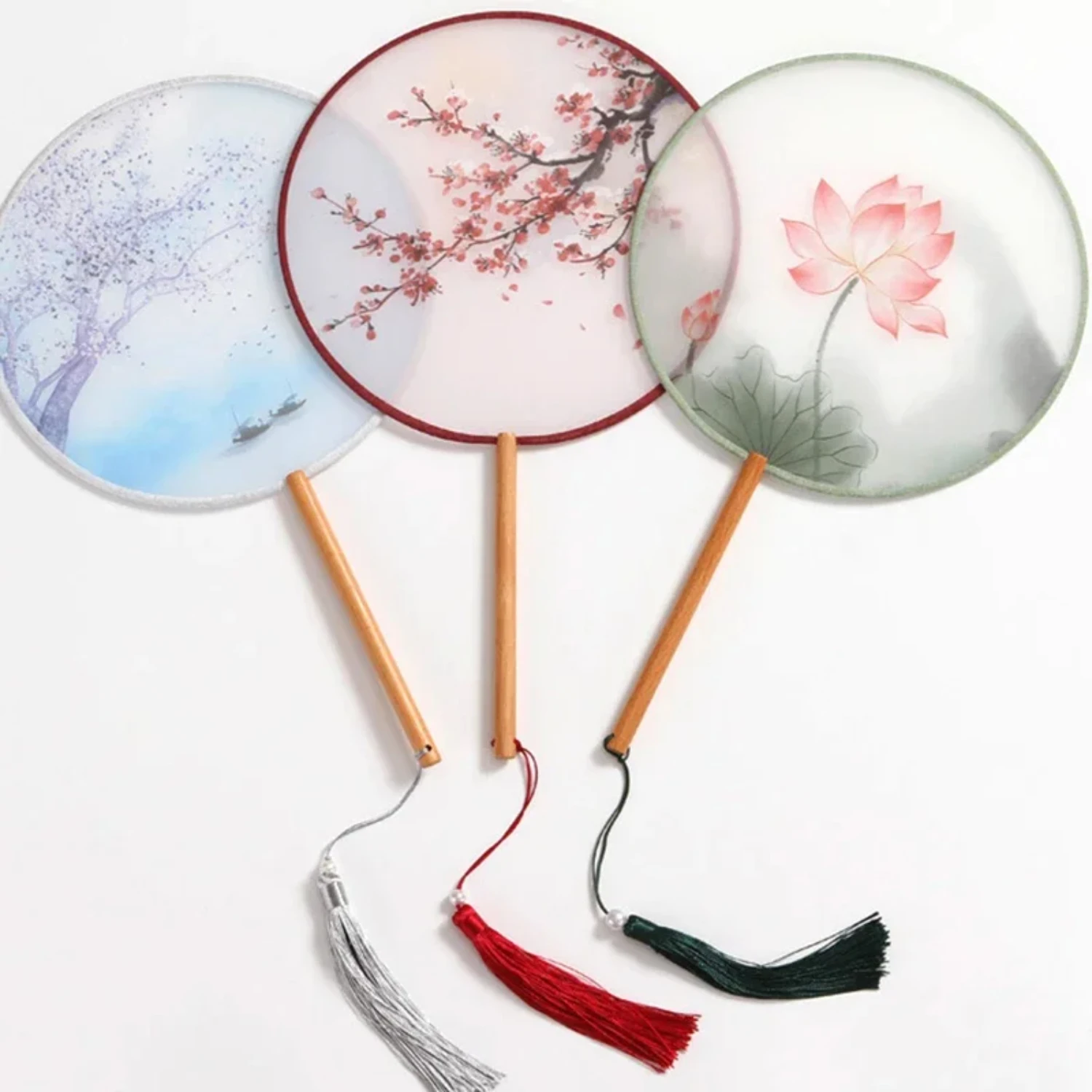 1Pcs Chinese Ancient Style Round Fan Women Classical Costume  Hanfu Decorative Fan Long Handle Tassel Small Round Fan