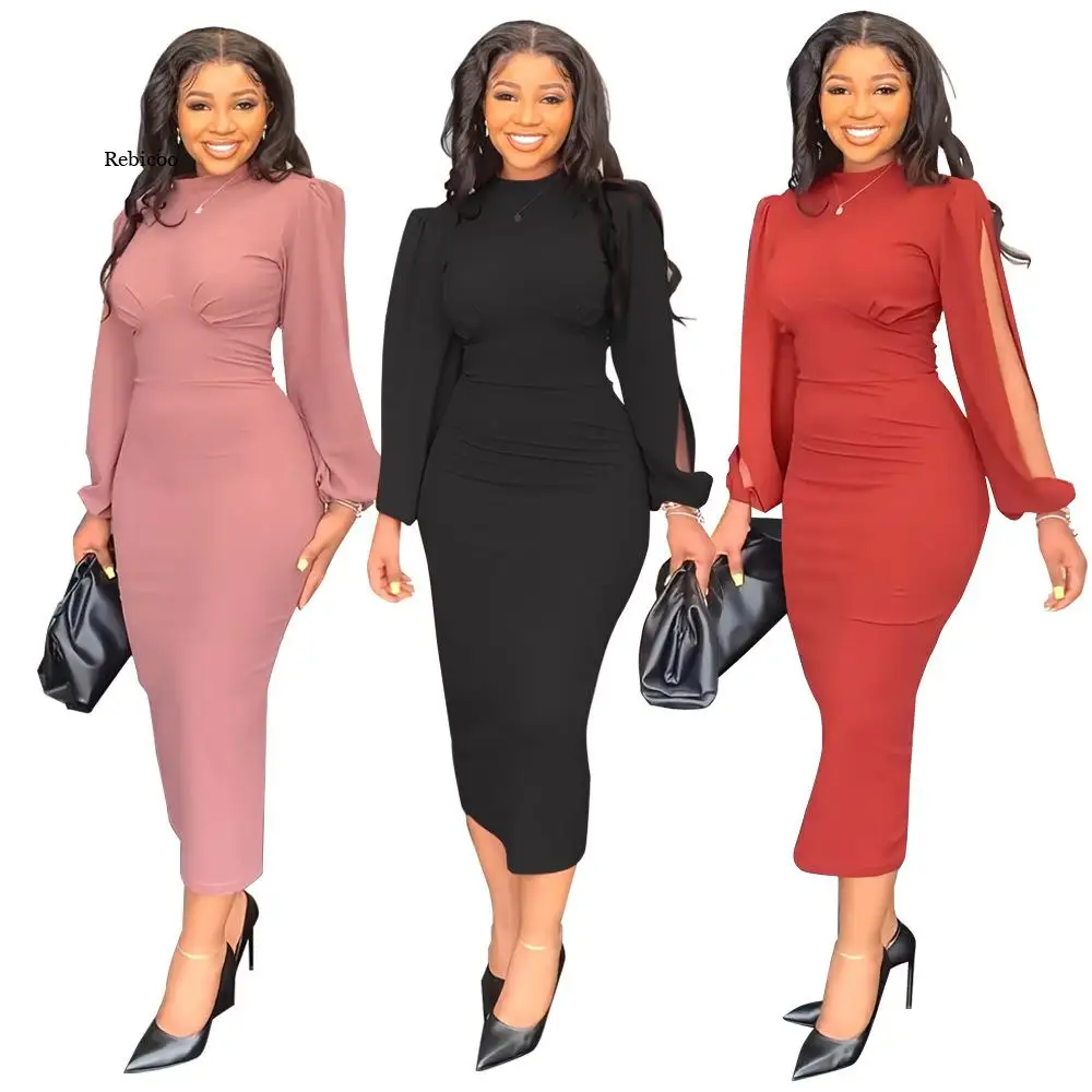 

2022 New Spring Skinny Elegant Party Dresses Women's Fashion Solid Round Neck Personality Sleeve Pencil Dress Woman