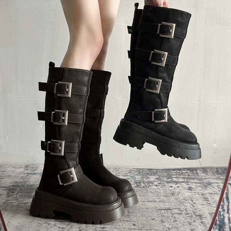 

Platform Belt Buckle Women Knight High Boots Fashion Height Increase Shoes Female Punk Slim Long Booties Zapatos De Muje
