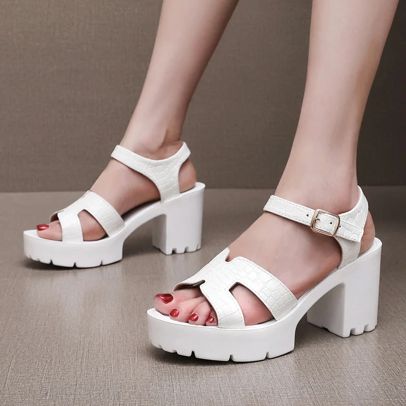Women  8CM Platform Peep Toe Sandals Chunky Heel Non-Slip White Leather Shoes for Moms Waterproof  Dress Sandals Size 33-43 - Image 2