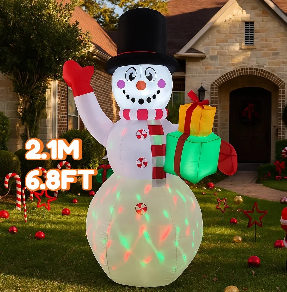 2.1M/6.8FT Kerstversiering Opblaasbaar Speelgoed Sneeuwpop Holding Geschenken Huis Tuin Ornamenten met LED Licht Kerst Outdoor Speelgoed