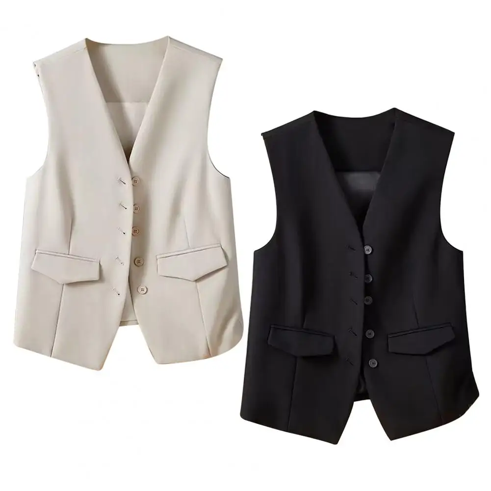 Vest Women Cropped Waistcoat Fashion Front Buttons Tops Vintage V Neck Sleeveless Female Outerwear White Chic Vests New