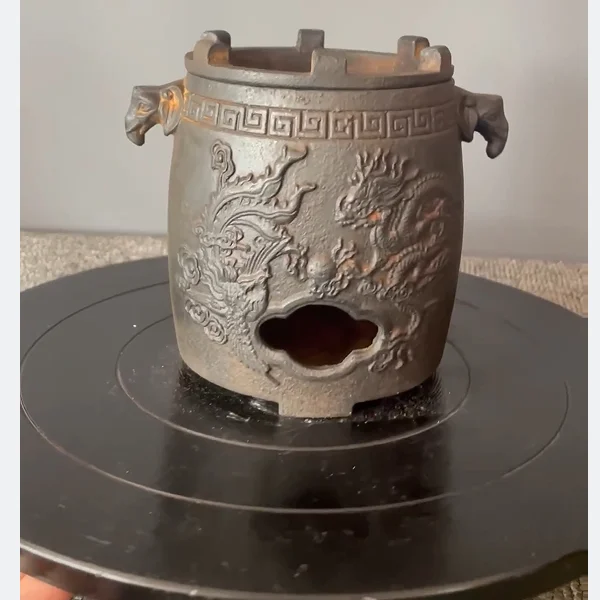 

Retro Mini Iron BBQ Grill Charcoal Stove Portable Tea-cooking Wine-warming Stove Dragon Phoenix Relief Antique Old Objects Home