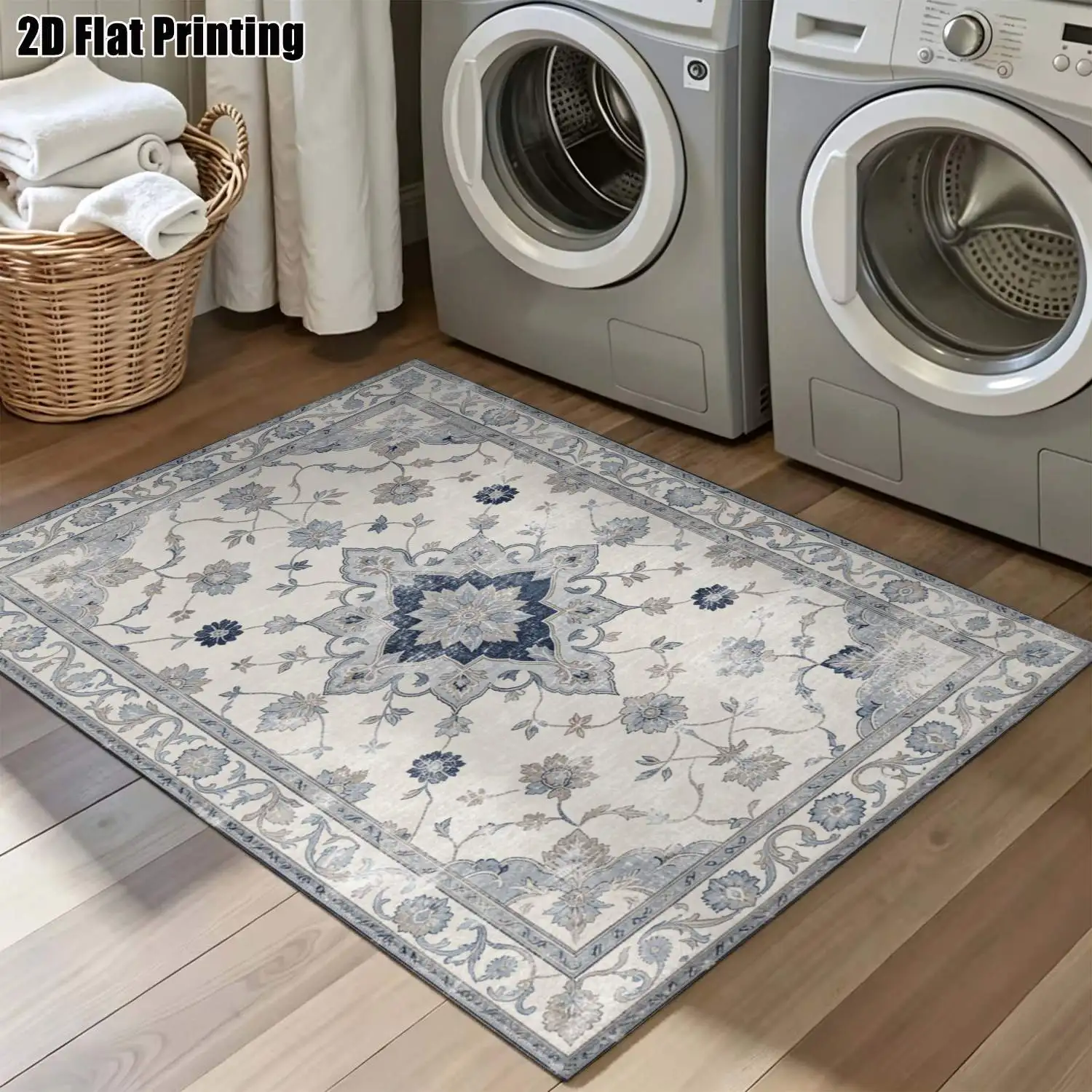 1Pc 2D Printed Carpet: Blue-Grey Floral & Geometric Patterns, Vintage/European/Bohemian/Modern Minimalist Styles, Machine Washable, Multi-Size, for Entryway, Dining Room, Foyer, Bedroom, Living Room Home Decor