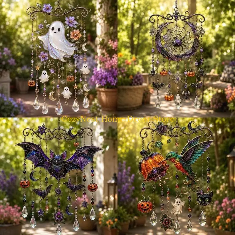 92MF Halloween Seasonal Hanging Ornament Acrylic Wind Chimes Suncatchers with Light-Catching Drop for Window Home Decors