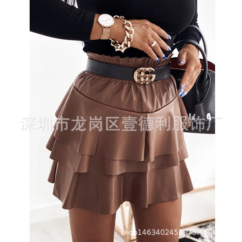 Women's Skirt PU Leather Mini Autumn Winter Solid Color High Waist Ruffles Cake Short Skirt Sexy